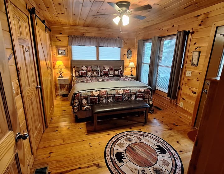 Comfortable king size bed in the master bedroom. Attached full bathroom.