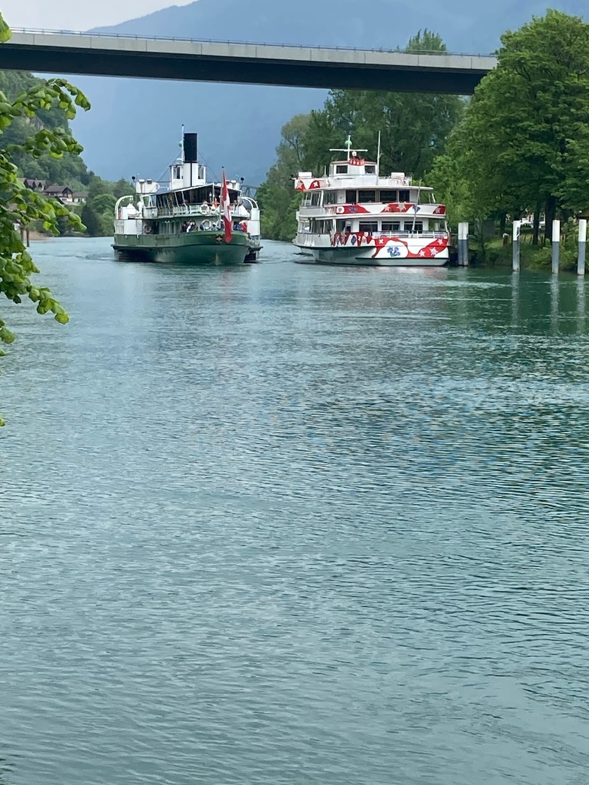Two boats are seen navigating the calm waters of the Aare River, surrounded by lush greenery along the riverbank. The gentle ripples on the water reflect the nearby trees and the overcast sky, creating a serene atmosphere.
