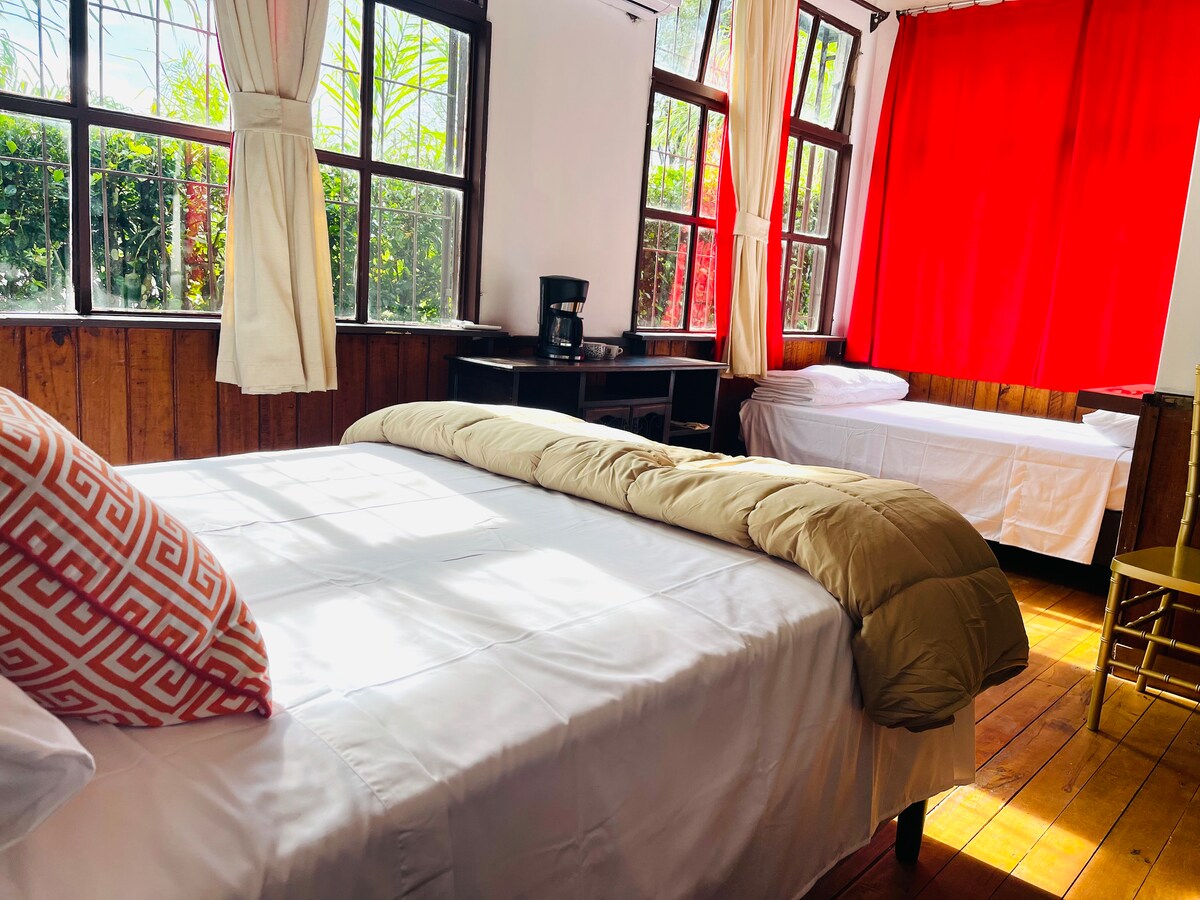 A bright, welcoming guest room features large windows draped with white curtains, allowing natural light to fill the space. A spacious bed adorned with a neutral-toned duvet sits prominently, while a simple white bed is positioned nearby. A coffee station adds convenience to the room.