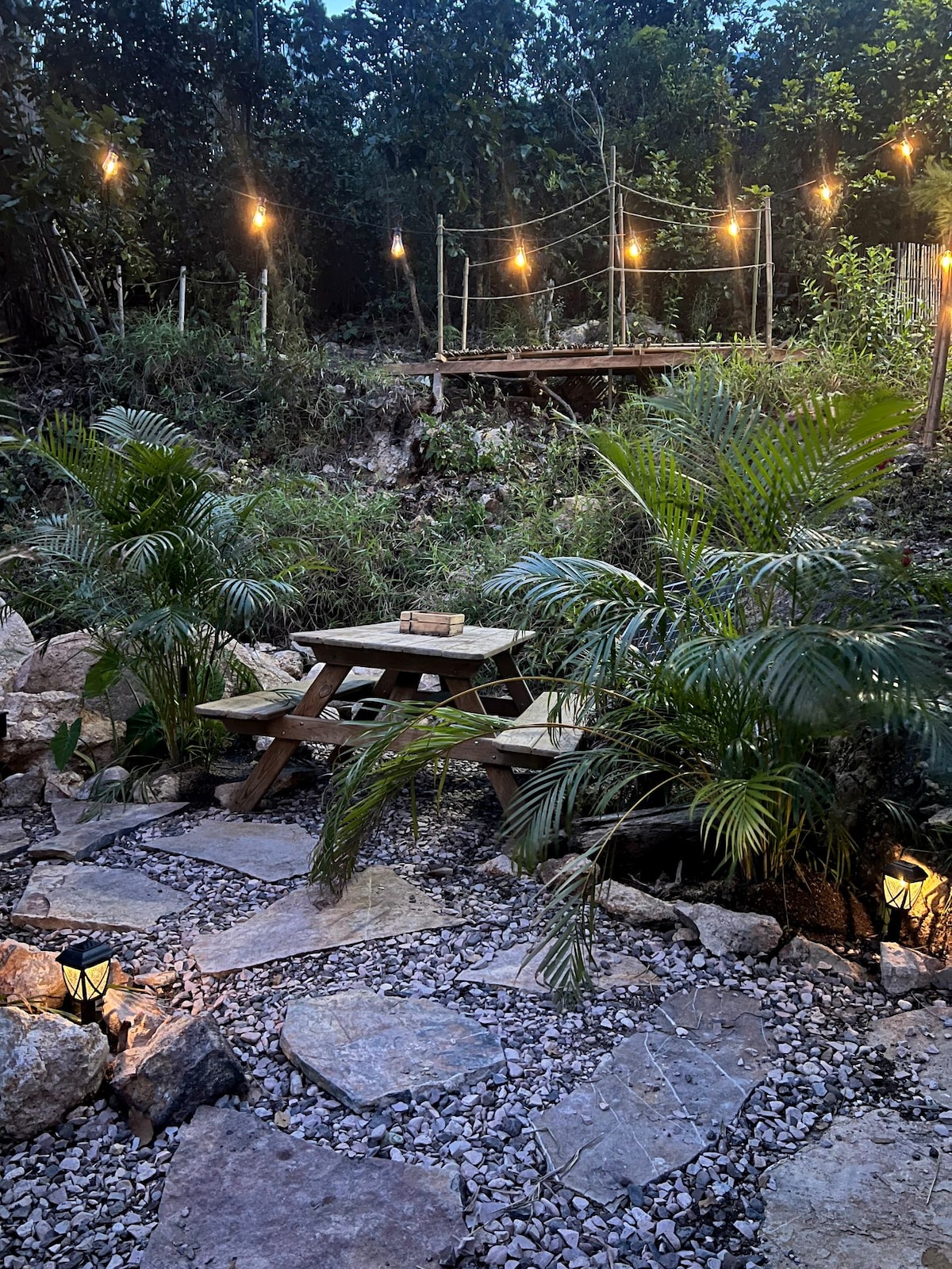 A serene outdoor seating area is surrounded by lush greenery and features a wooden picnic table among stone pathways. Soft lighting from hanging bulbs enhances the tranquil ambiance, creating a cozy space perfect for relaxation among nature.