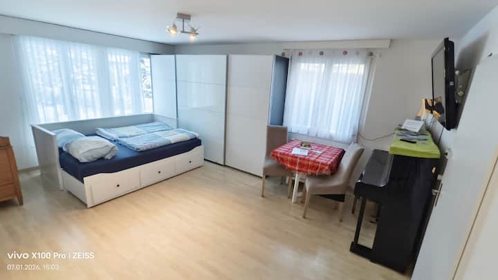 غرفة معيشة مع أريكة أيضًا كمنطقة نوم لشخصين.