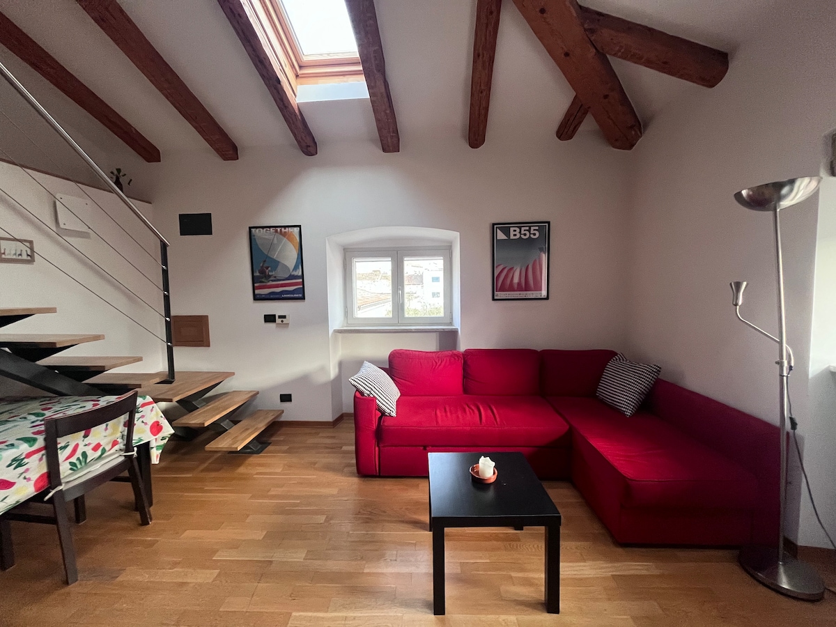A modern living area features a red sofa accompanied by two striped cushions. A wooden coffee table sits centrally. The sloped ceiling is adorned with exposed beams, while natural light enters through a skylight and a nearby window, illuminating the wooden floor.