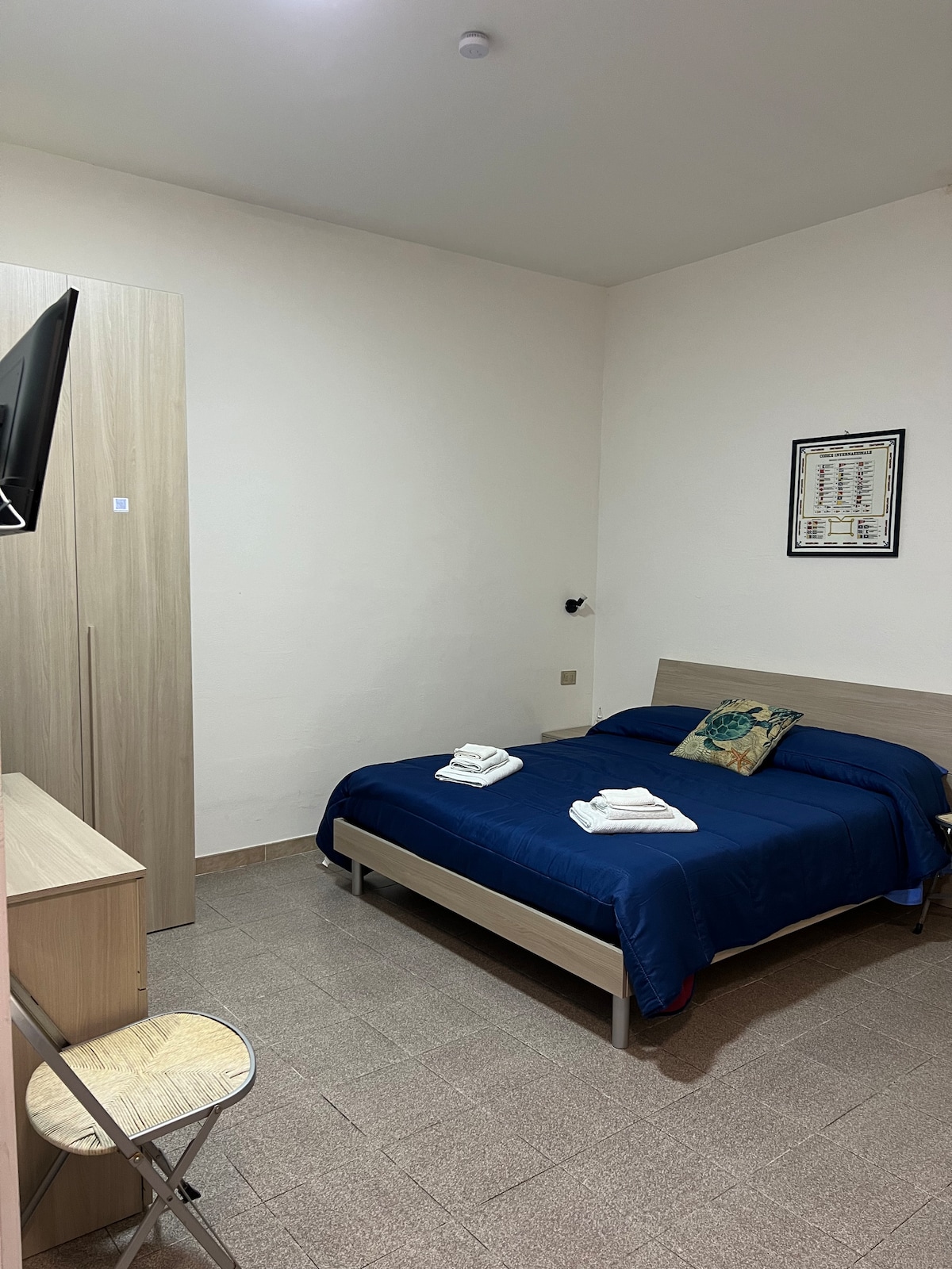 A spacious bedroom is furnished with a large bed covered in a blue bedspread. A decorative cushion adds color to the bedding. A flat-screen TV is mounted on the wall opposite the bed. Soft, neutral tones are used on the walls and flooring.