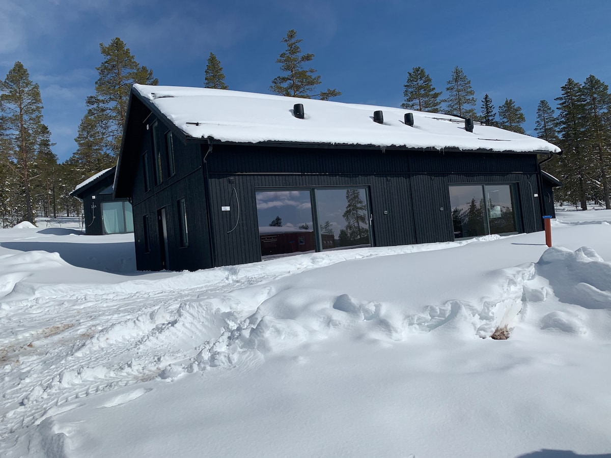 The modern black two-story house is surrounded by snow-covered terrain, with large windows that reflect the blue sky. The sloped roof features several ventilation openings, and the entrance path is bordered by untouched snow, creating a serene winter landscape.