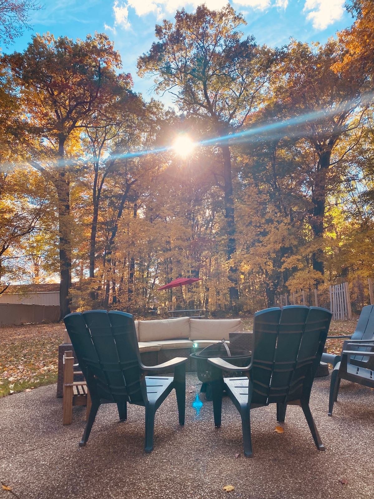 A serene outdoor patio is revealed, featuring comfortable seating surrounded by the warm hues of autumn leaves. Sunlight filters through the trees, creating a peaceful atmosphere in this naturally shaded space, ideal for relaxation in nature.