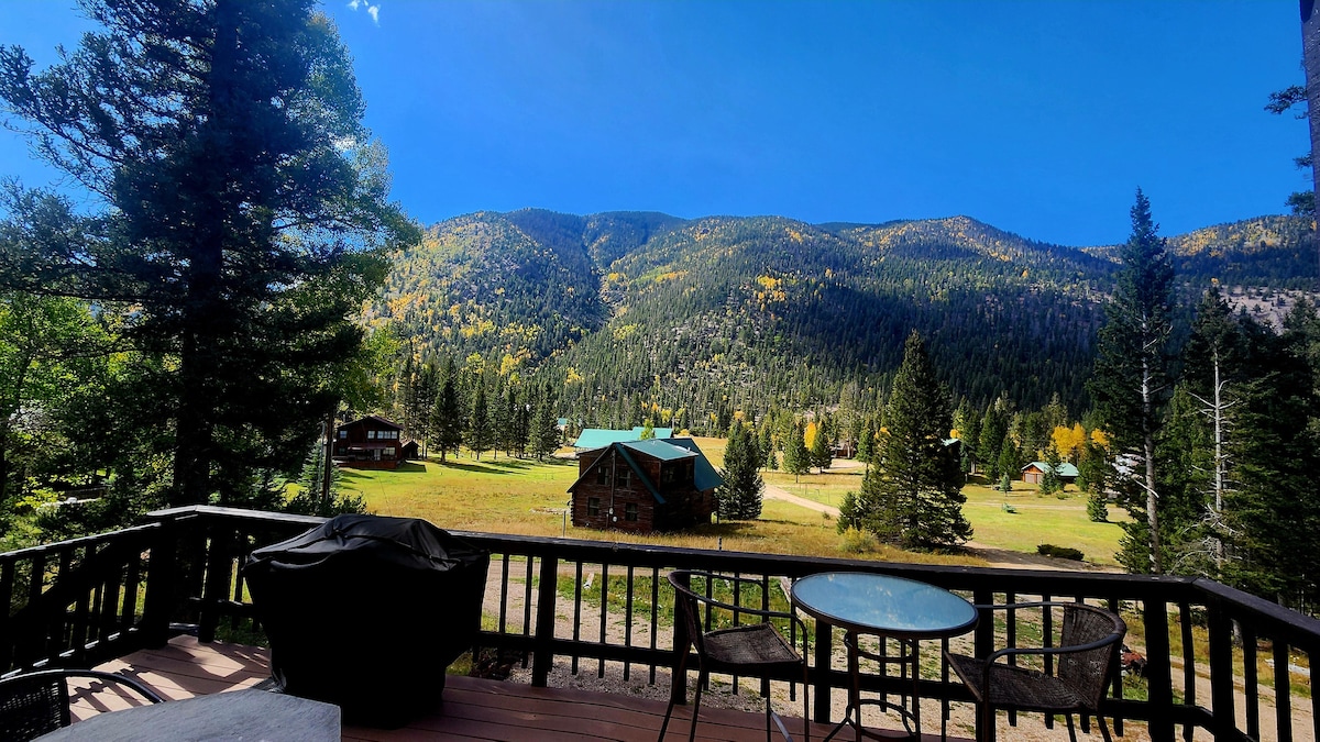 A scenic view from a wooden deck captures expansive meadows and distant mountains, framed by tall evergreen trees. A charcoal grill and a round table with chairs are positioned on the deck, enhancing the outdoor experience amidst a tranquil landscape.