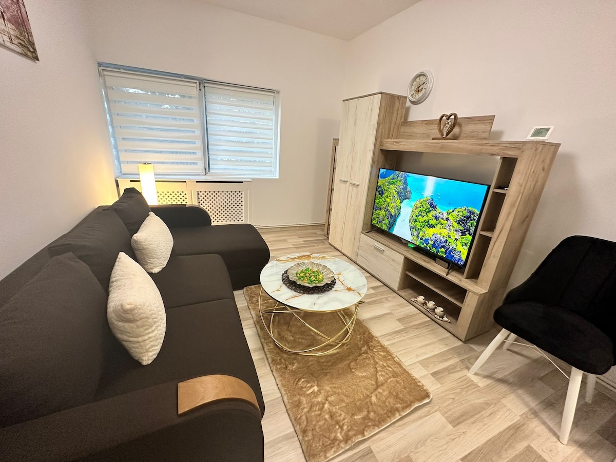 A modern living area is presented, featuring a dark sofa with decorative pillows and a marble coffee table atop a soft area rug. A sleek entertainment unit displays a vibrant TV, with window shades partially allowing natural light to enter the room.