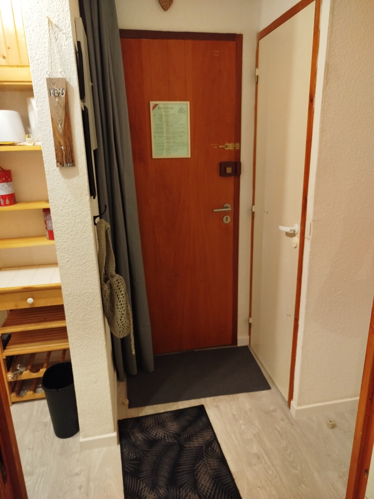 An entryway is depicted, featuring a wooden door with a small window revealing a glimpse of an information sheet. Adjacent shelves hold various items, and a small bin is positioned nearby. A patterned mat lies on the floor, leading towards the interior of the apartment.