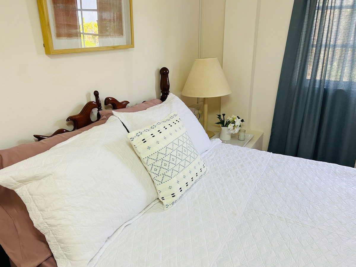 A spacious bed features white bedding and decorative pillows. A bedside table holds a lamp and a small arrangement of flowers. A window dressed with dark curtains allows soft natural light to fill the room, complemented by a framed art piece on the wall.