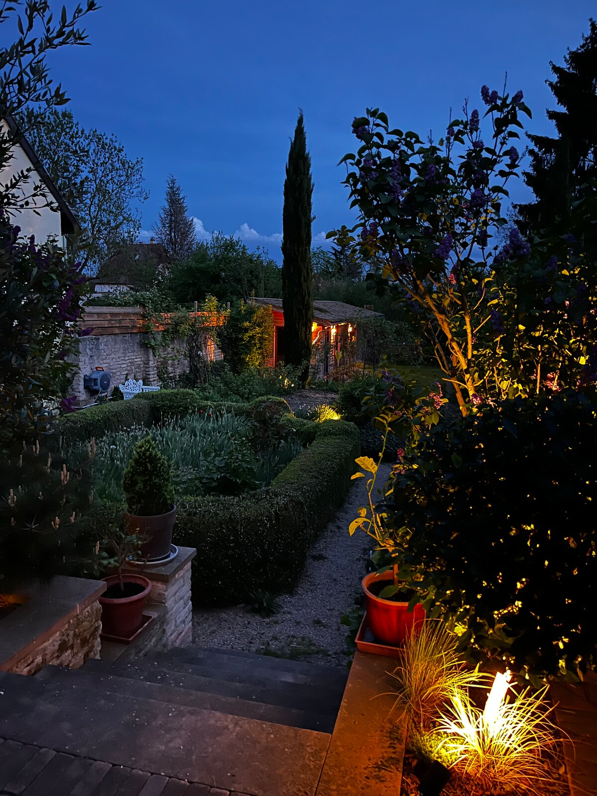A serene garden is illuminated by soft lighting at dusk, featuring neatly trimmed hedges and seasonal plants in pots. Pathways lead through the greenery, with a glimpse of the adjoining structure visible in the background.