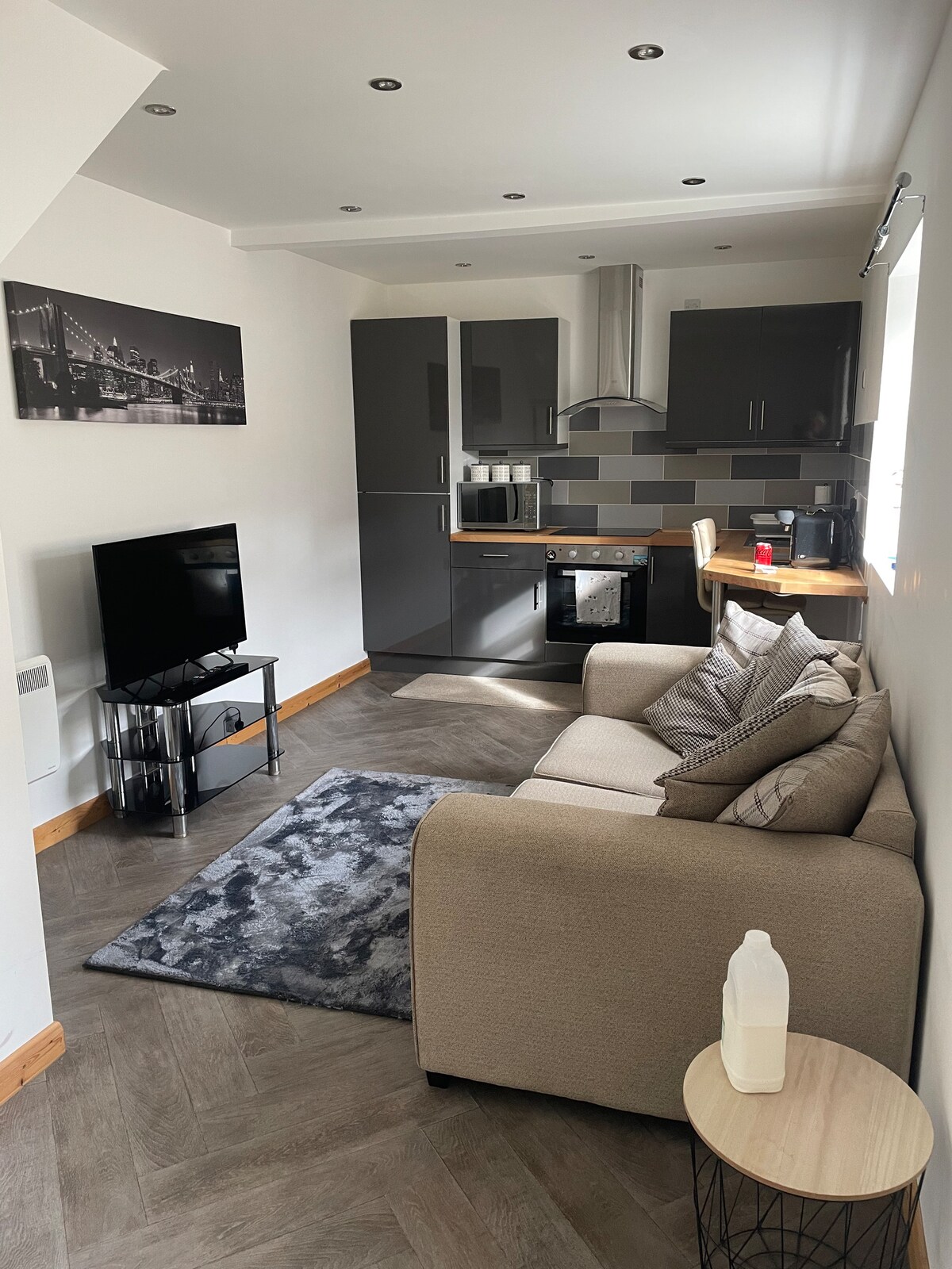 The cozy living area features a beige sofa adorned with patterned cushions, positioned near a flat-screen television. A small dining table is set against the wall, accompanied by sleek dark cabinetry and stainless steel appliances in the kitchen area.