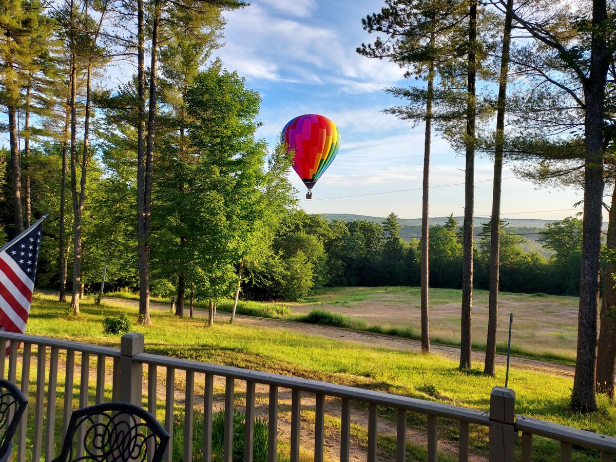 A colorful hot air balloon ascends into the sky, surrounded by lush green trees. The scene is framed by a deck railing, with an American flag visible in the foreground. The vast, open landscape stretches into the distance, providing a serene backdrop.