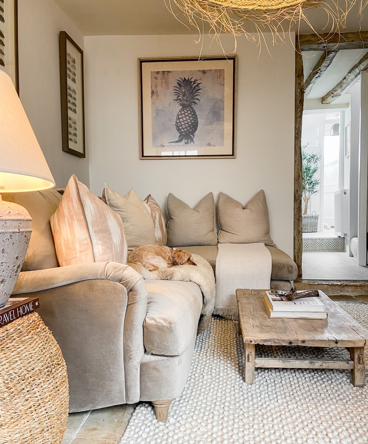 A cozy living area features a corner sofa adorned with soft cushions. A small coffee table rests on a textured rug, accompanied by a table lamp. Sunlight filters in, highlighting a framed artwork of a pineapple and a visible transition to the adjoining space.