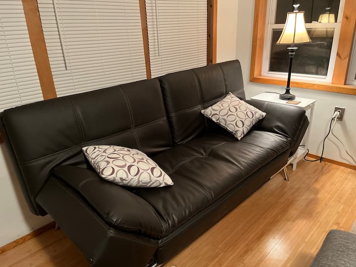 Kožený rozkladací gauč, ktorý je možné nastaviť na plnohodnotnú posteľ pre 2 osoby. K dispozícii je posteľná bielizeň a vankúše navyše. 