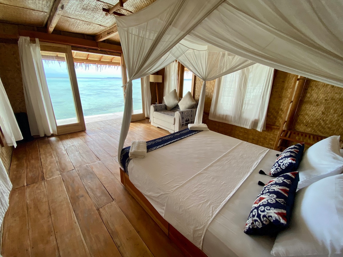 A serene bedroom is showcased with a spacious bed draped in a sheer canopy. Two decorative pillows are positioned on the bed. Floor-to-ceiling glass doors open to reveal expansive sea views, while natural light filters through white curtains, enhancing the airy atmosphere.