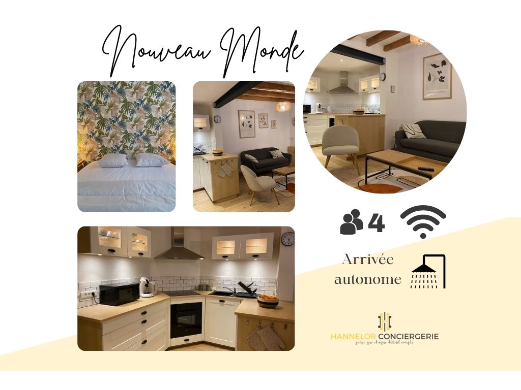 A modern and inviting living space features a combination of bright and neutral tones. Comfortable seating is arranged around a coffee table, and a fully equipped kitchen is visible with essential appliances and cabinetry. The layout emphasizes functionality and warmth.