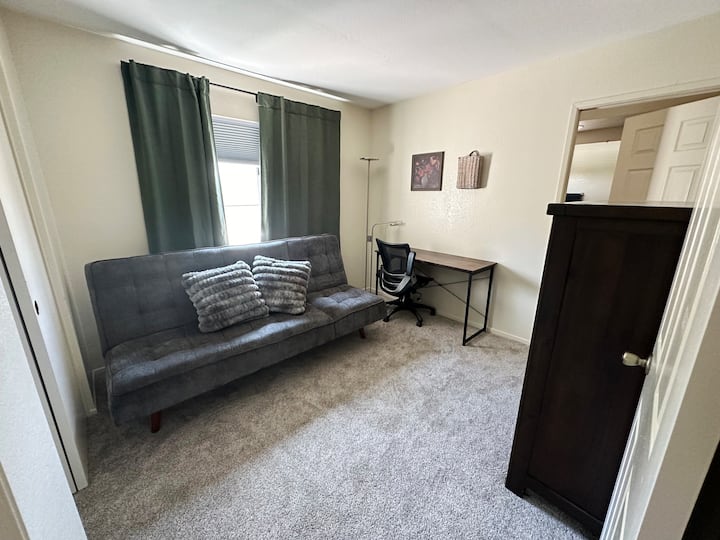 Doubles as a study and is in extreme close proximity to the wireless router for fastest and most reliable speeds. Futon serves as a Full Bed and has ability to recline or lie flat. To recline, fold upwards until it stops clicking and release.