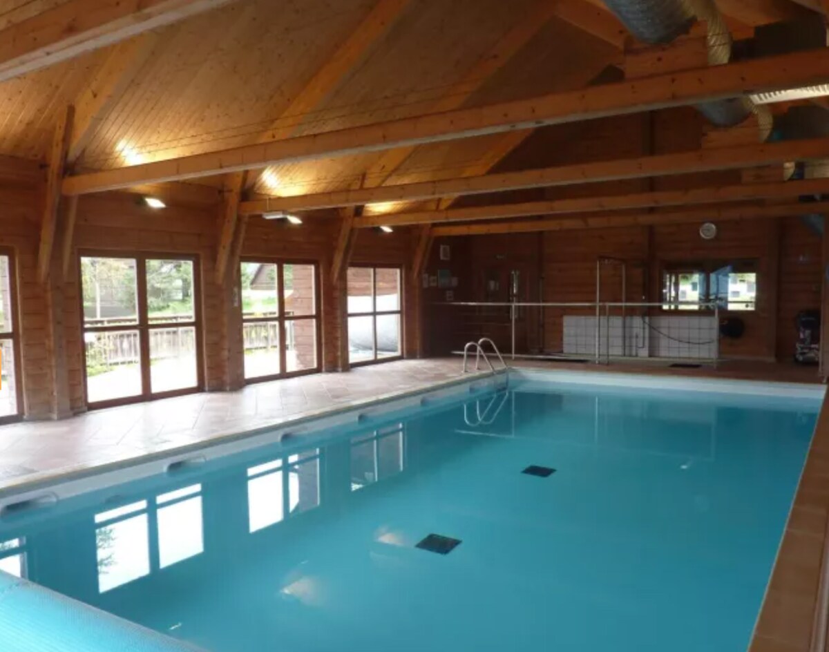 An indoor heated pool is featured, surrounded by large windows that provide ample natural light. The pool's clear blue water is visible, with a shallow entry area and a ladder for easy access. Wooden beams overhead and tiled flooring enhance the space's warm ambiance.