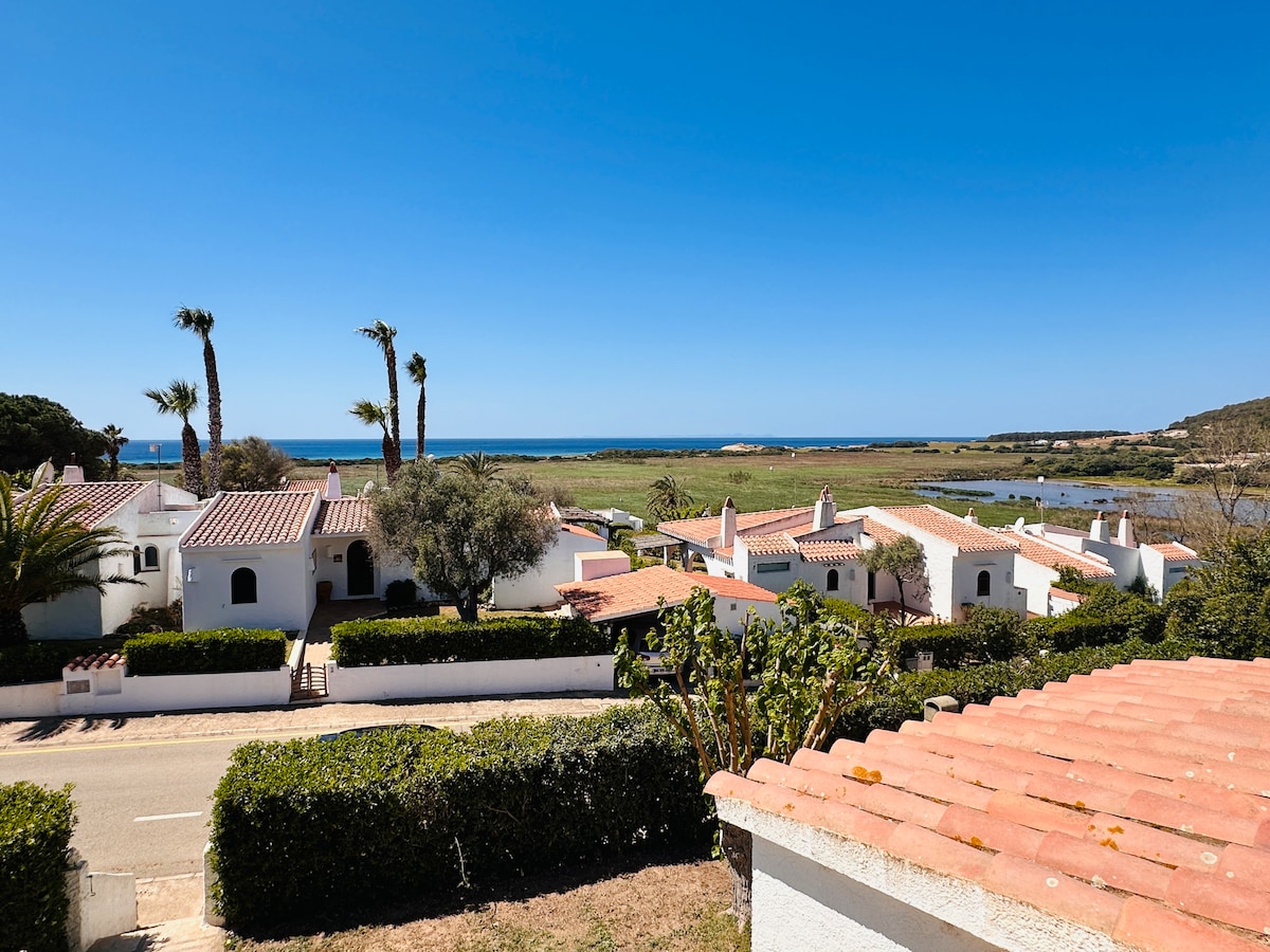 A clear view showcases a coastal landscape with a sweeping horizon of the sea. Whitewashed buildings with terracotta roofs line a quiet street. Palm trees are visible against the blue sky, highlighting the serene atmosphere of the surroundings.