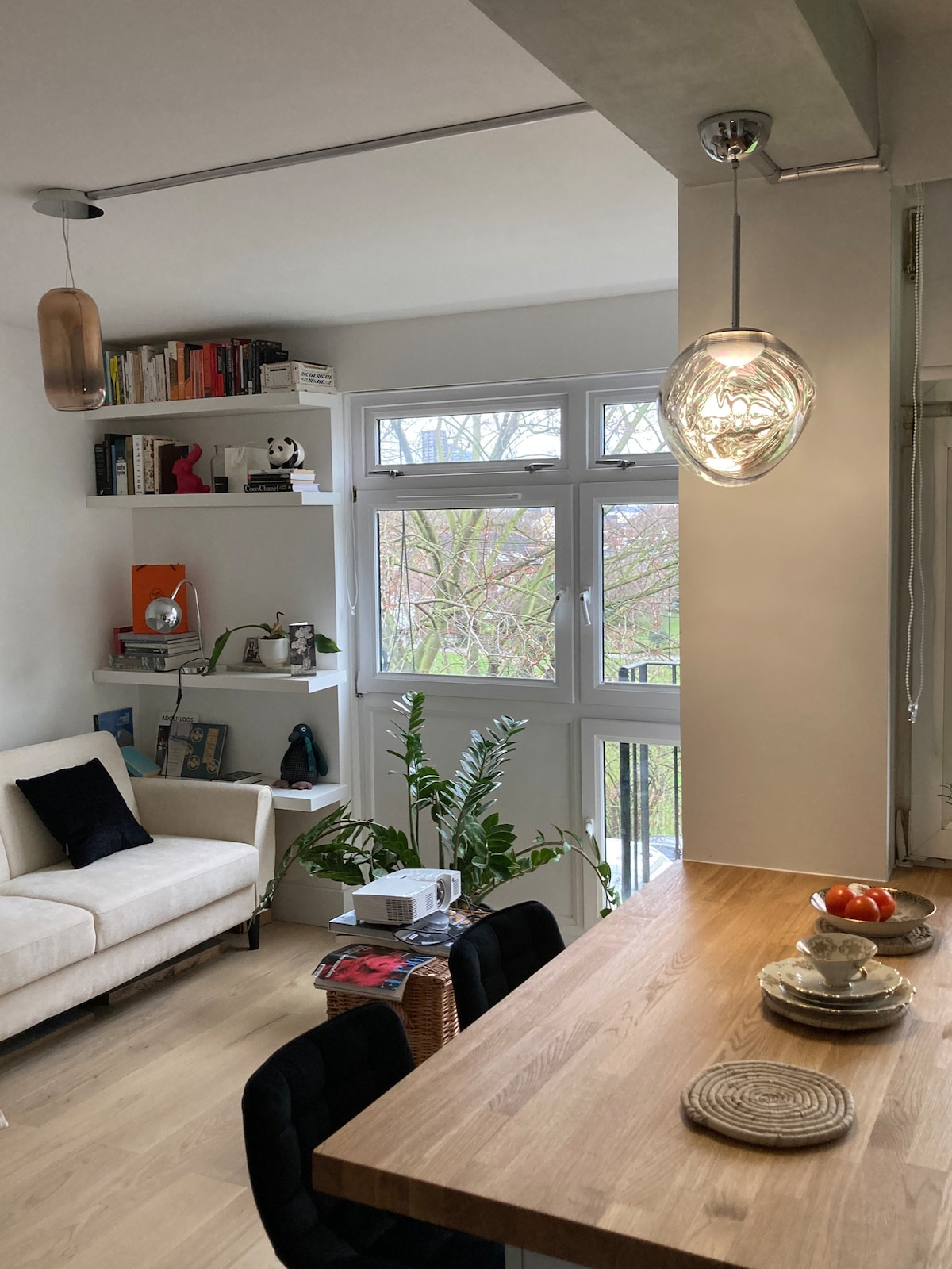 A bright living space features a cozy seating area with a light-toned couch and a wooden dining table. Shelves adorned with books and decor items are present, with green plants adding natural elements. Large windows allow for ample natural light and unobstructed views.
