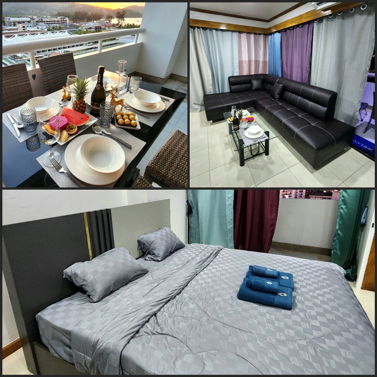A dining table is set with plates and glasses, overlooking a scenic view. A modern seating area features a dark leather sofa accompanied by decorative cushions. The bedroom exhibits a spacious bed with neatly arranged linens and towels, creating a clean and inviting space.