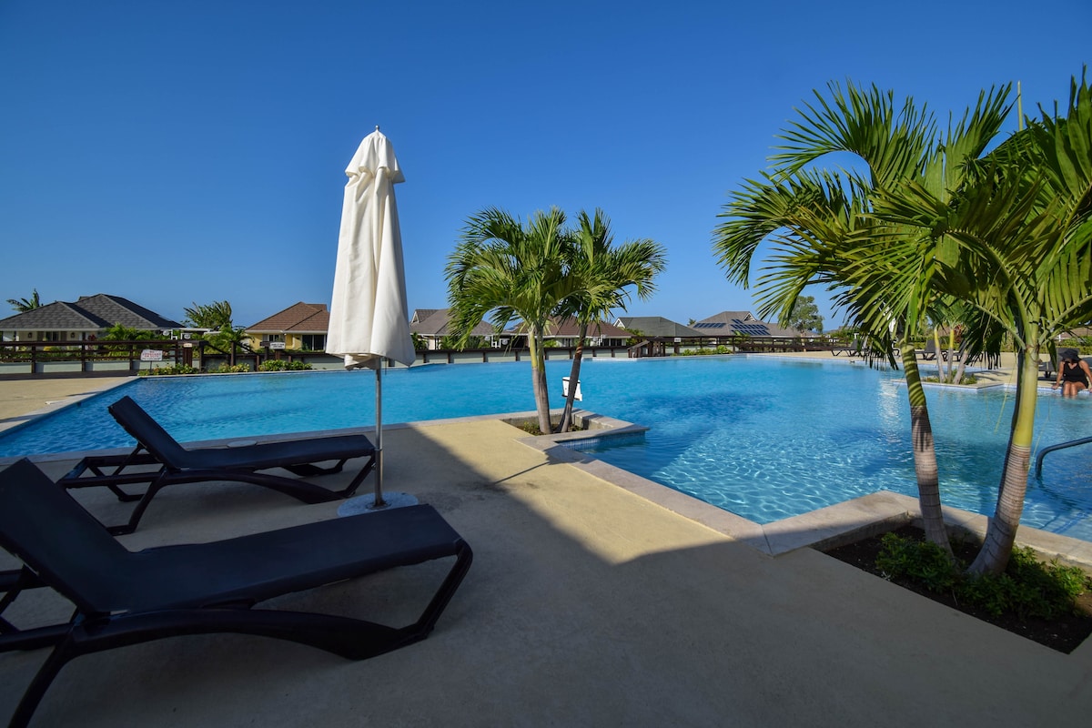 A large swimming pool is surrounded by sun loungers and palm trees, creating a relaxed setting. The pool water appears inviting and clear, with shaded areas provided by a large umbrella. Loungers line one side, offering a comfortable place to relax.