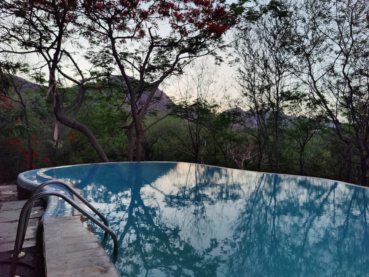 An inviting swimming pool reflects the surrounding trees and hills at dusk. The still water mirrors the natural landscape, creating a serene atmosphere. A gently sloping entry is visible on one side, enhancing accessibility and offering a peaceful retreat amidst nature.