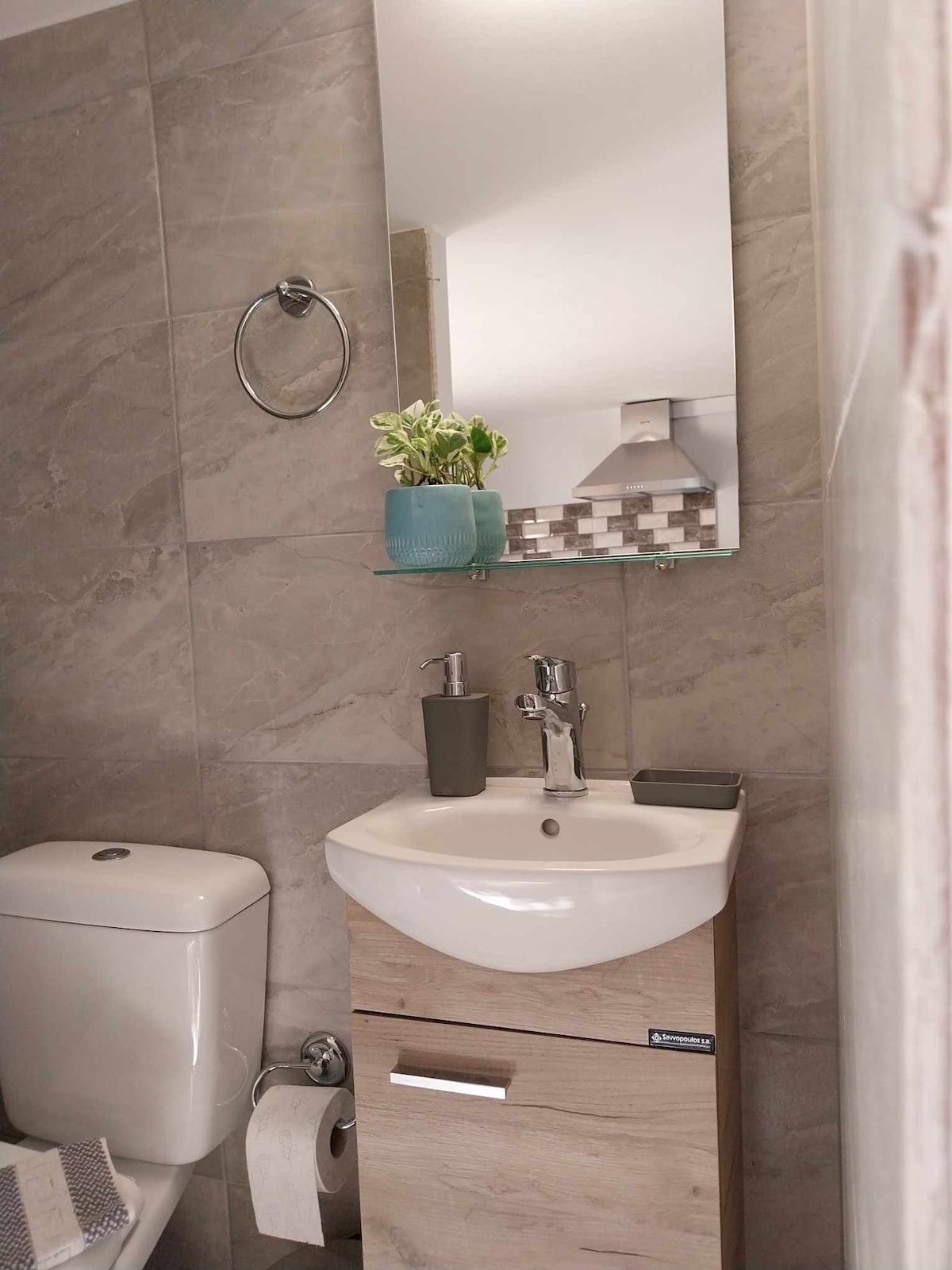A modern bathroom features light gray tiled walls and a compact sink with a wooden cabinet underneath. A round mirror is mounted above the sink, reflecting a potted plant. A toilet is positioned nearby, with a hand towel holder and toilet paper roll visible.
