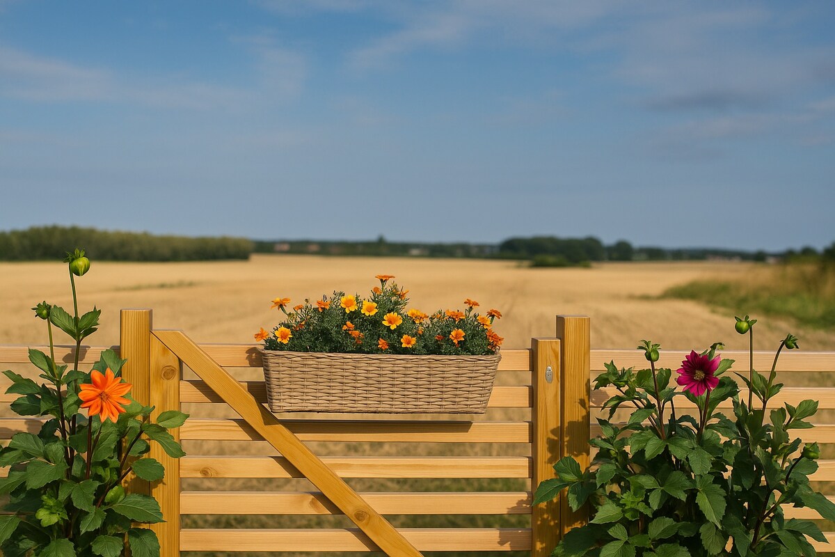 A wooden gate opens towards expansive golden fields under a clear blue sky. Brightly colored flowers in pots frame the gate, adding a touch of vibrancy to the serene landscape. The horizon features gently rolling greenery, enhancing the peaceful rural setting.
