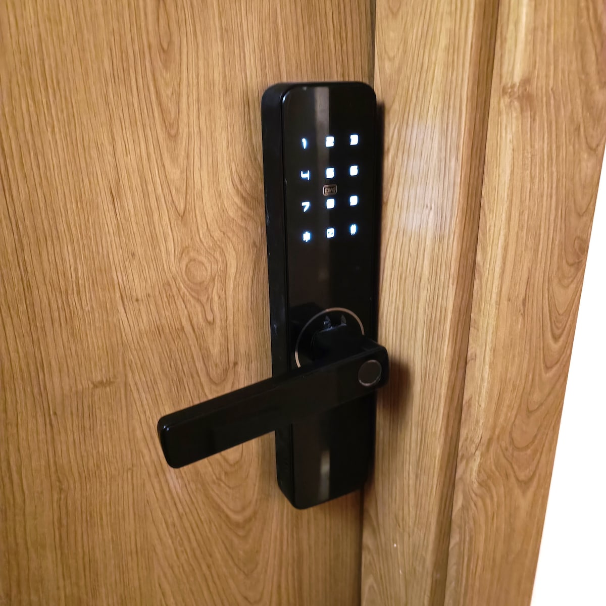 A modern electronic door lock is installed on a wooden door. The lock features a numerical keypad with illuminated buttons, providing a contemporary aesthetic. A lever handle complements the sleek design, ensuring ease of use for guests.