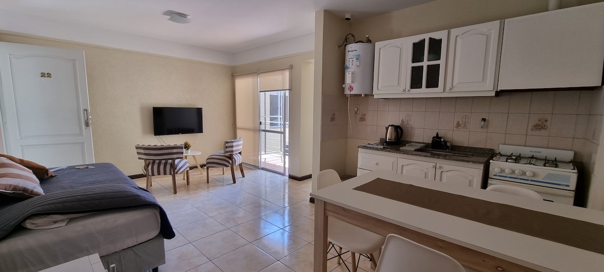 An open-plan living area is displayed, featuring a cozy sleeping space with a gray bed and accent pillows. A small table with two chairs and a television is visible. The kitchen area includes white cabinetry and essential appliances, providing a functional space for meal preparation.