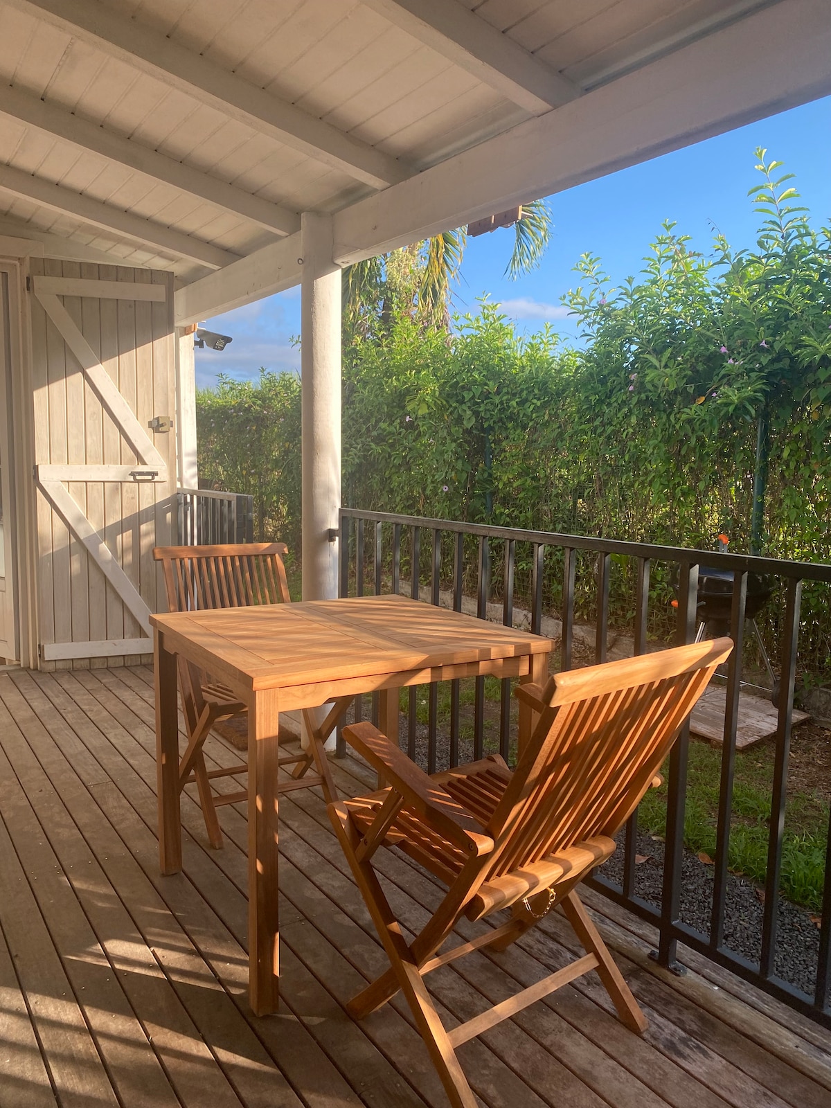 A private terrace is depicted, featuring a wooden table and two folding chairs positioned on a deck. Lush greenery is visible in the background, along with blue skies peeking through the foliage. Natural light enhances the warm tones of the wood.