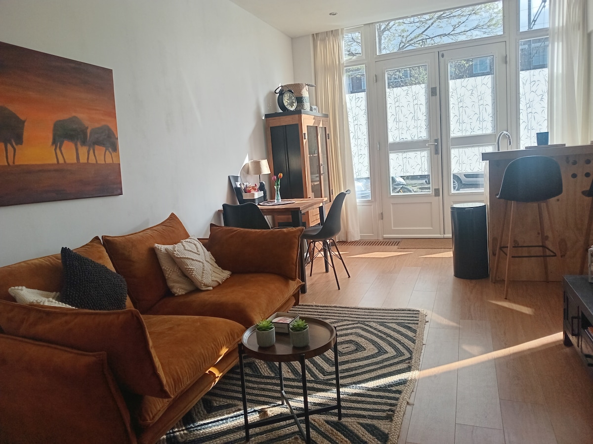 A cozy living space features a warm-toned sofa and a round coffee table atop a patterned rug. Natural light floods the room through large windows. A dining area with a wooden table and black chairs is visible, alongside a stylish bar counter.
