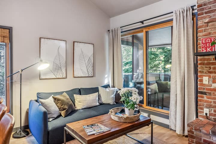 Salon confortable avec un canapé-lit, un espace extérieur et une cheminée à gaz.