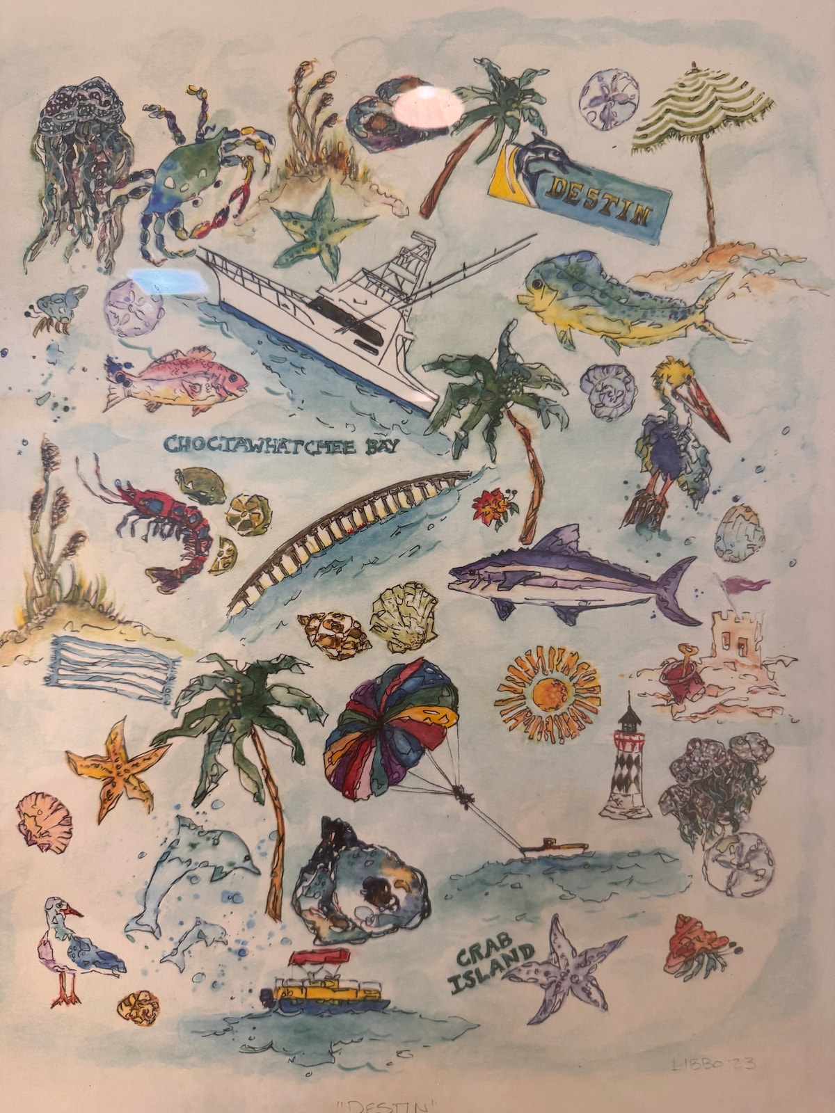 A vibrant illustration showcases marine life and coastal icons. Images of crabs, fish, and seashells are interspersed with boats and palm trees, symbolizing local attractions. Notable landmarks like Crab Island and Destin are featured, bringing to life the coastal atmosphere of the area.