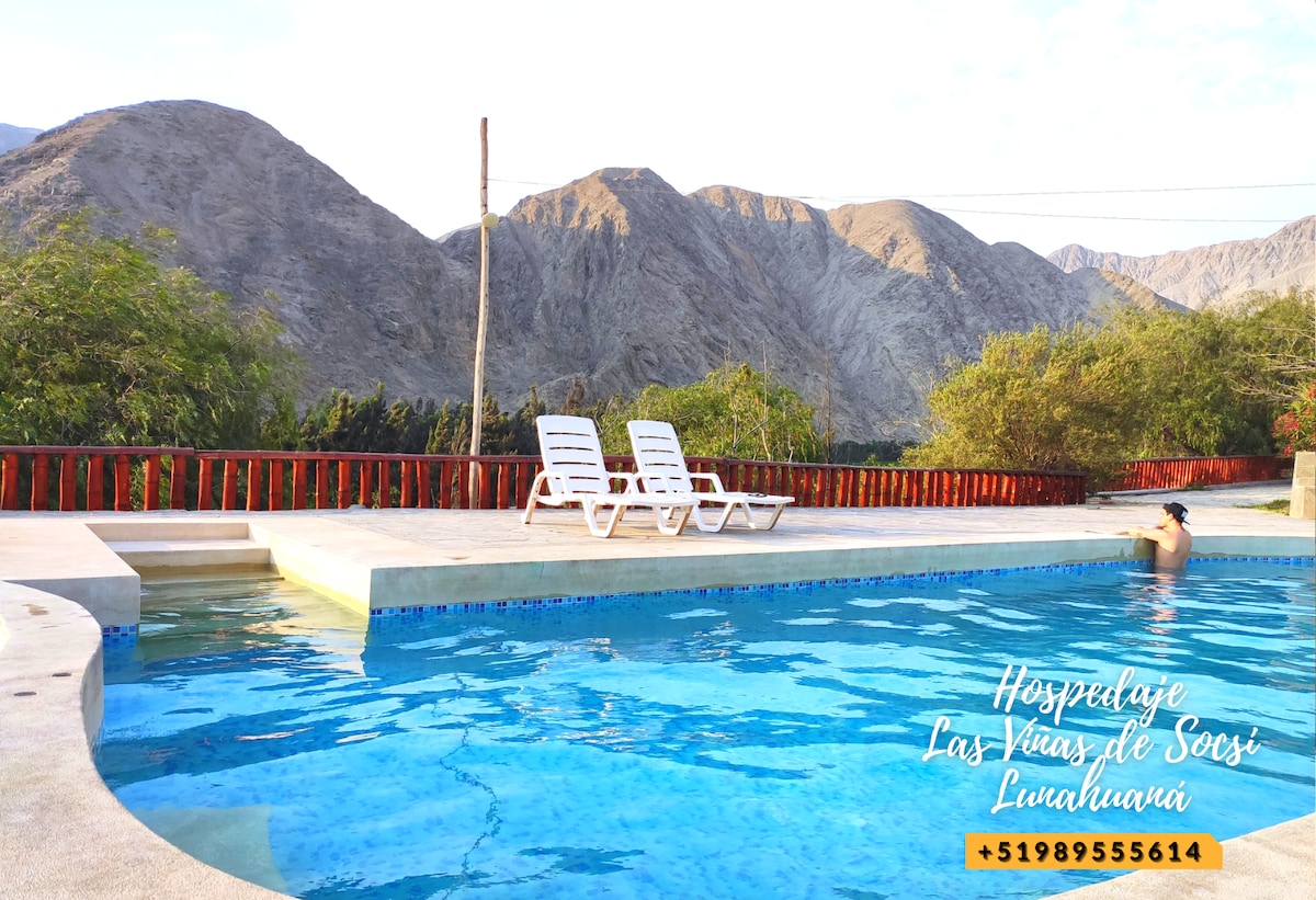 A refreshing swimming pool is surrounded by a spacious deck with lounge chairs. The serene view features mountains in the background, enhancing the natural landscape. Lush greenery is present nearby, providing a relaxing atmosphere for guests.