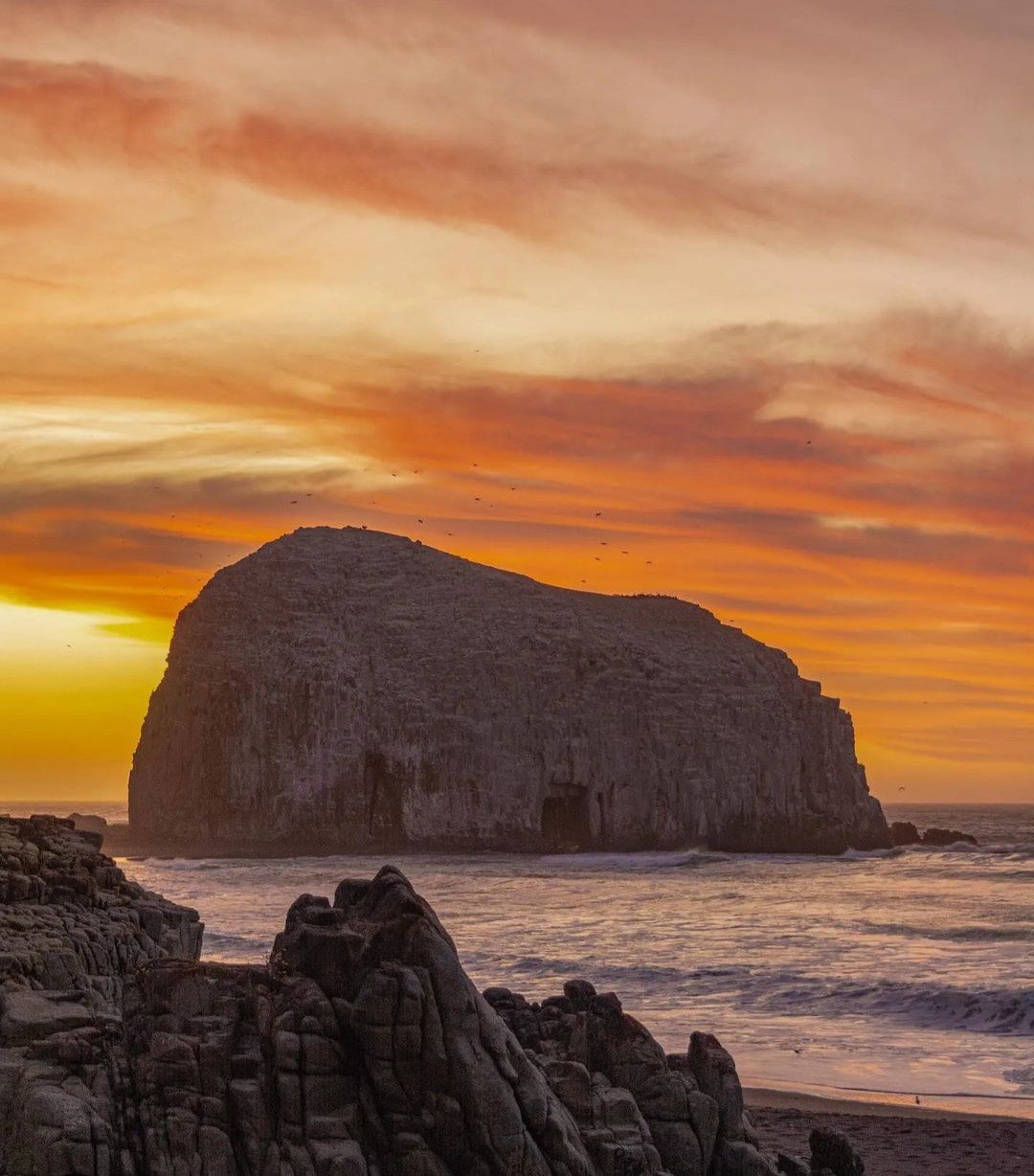 A large rock formation rises from the ocean, set against a vibrant sunset sky filled with shades of orange and pink. Waves gently crash against the rocky shore, while a few birds can be seen flying in the distance.