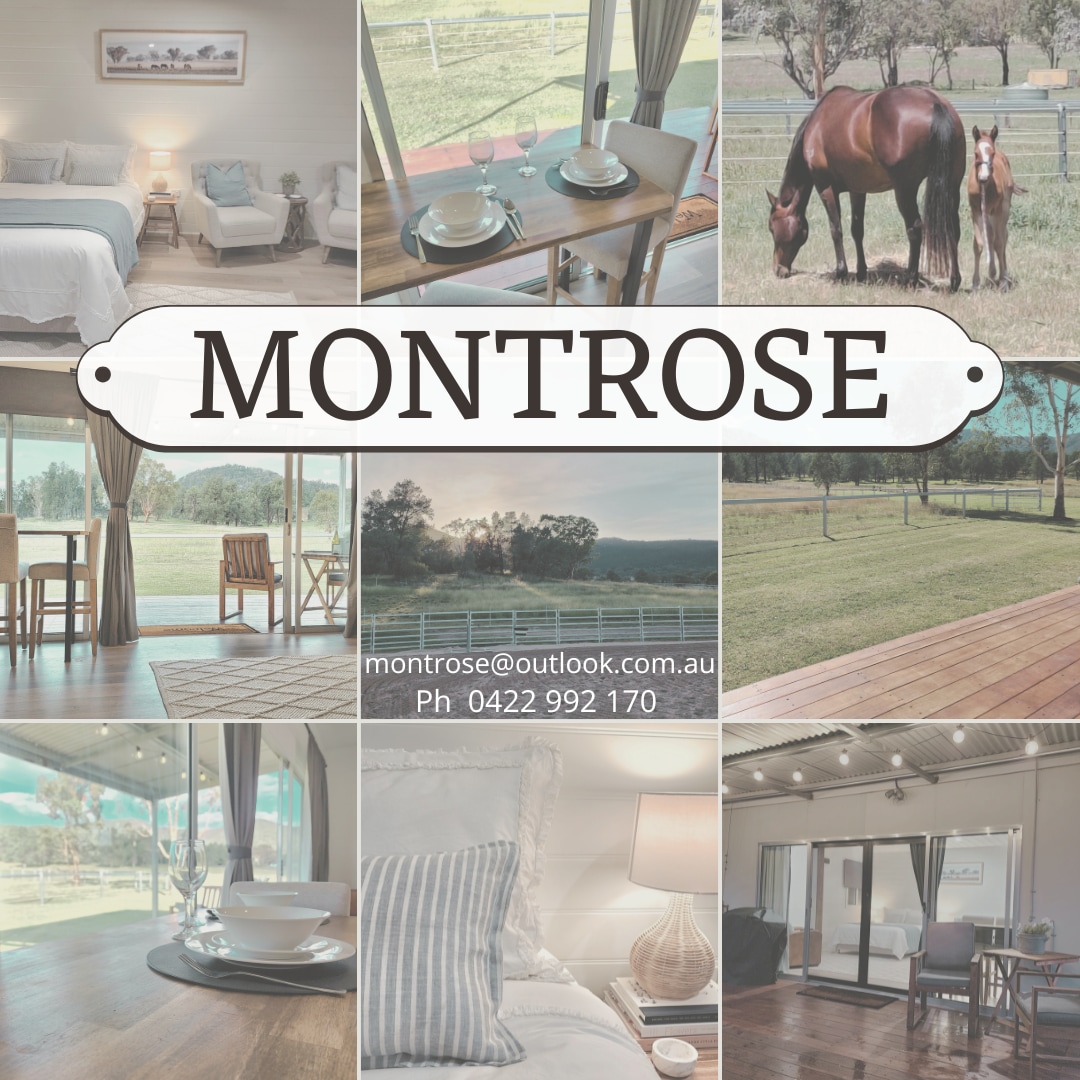 A spacious studio guest house features a comfortable sleeping area with a neatly made bed. A dining table is set for two, and large glass doors open to a view of manicured lawns and distant mountains. Horses can be seen grazing nearby.