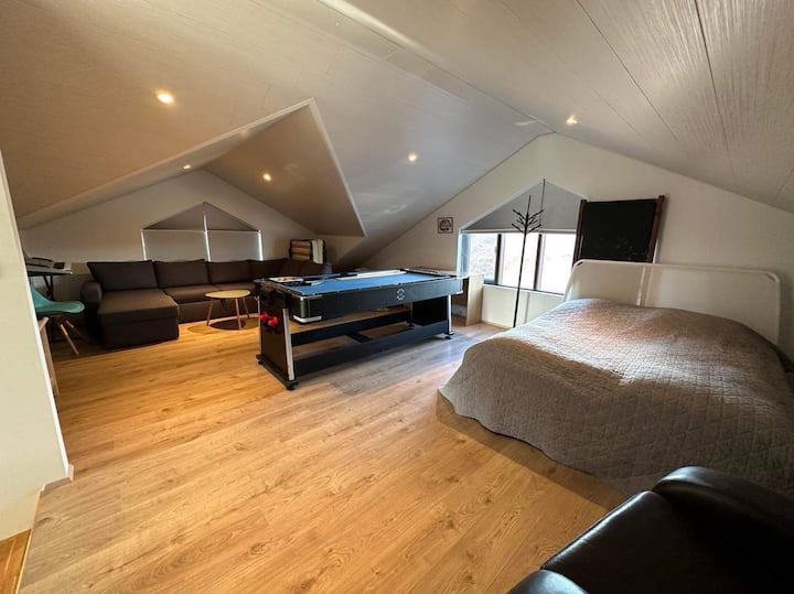 Habitación grande con televisión, sofá, mesa de billar y una cama tamaño queen.
Cama Ekstra si es necesario