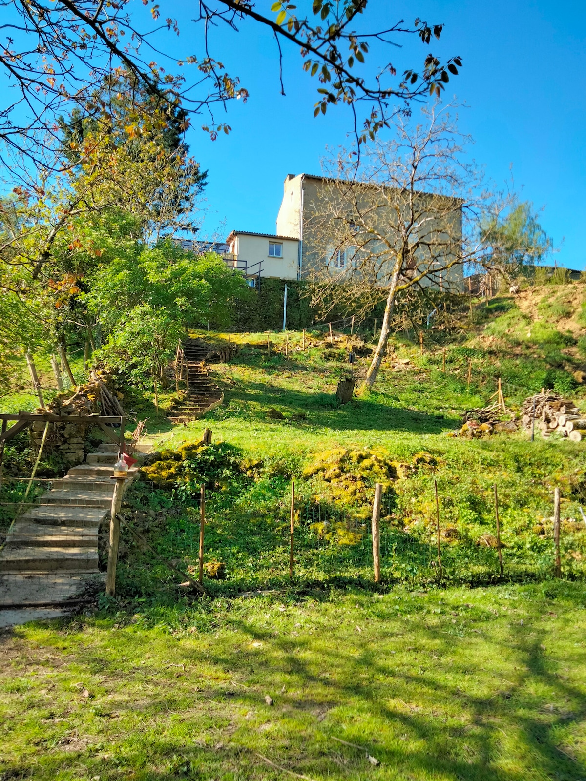 A hillside view of a light-colored house surrounded by lush greenery. Stone steps lead up to the home, while trees provide shade on the property. The sky is clear and blue, enhancing the serene atmosphere of the natural surroundings.