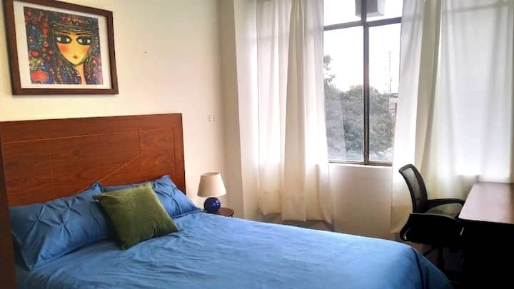 עם נוף יפהפה קרוב לגינה שלנו מאחור ולמרפסת, בחדר הזה יש מיטה דו - צדדית, הוא גם אידיאלי מכיוון שיש בו אזור עבודה עם Wi - Fi, שולחן כתיבה וכיסא ארגונומי.
