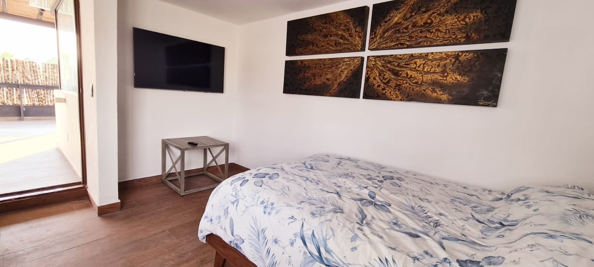 Chambre privée, avec lit double, smart tv de 60 pouces avec tous les services de streaming prêts à regarder comme netflix, amazon, smart +, apple tv. Il a sa propre salle de bain et est la seule chambre qui se trouve sur la terrasse spectaculaire.