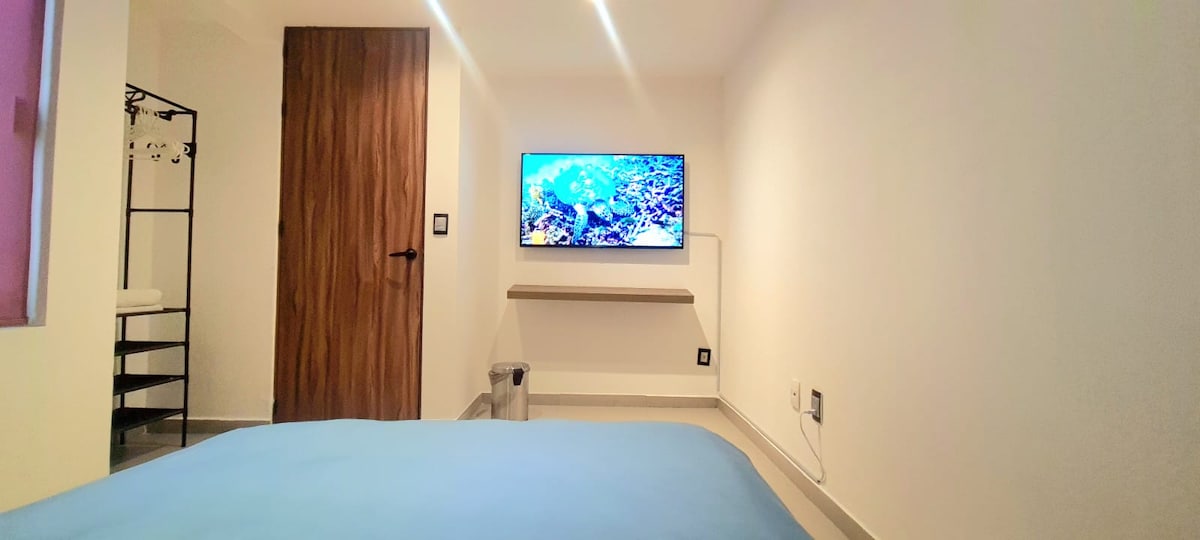 Photo de la chambre avec un lit double,  internet haut débit, smart Tv avec netflix, amazon, smart +, apple tv sans avoir besoin d'un utilisateur, le client peut les voir, salle de bain privée.