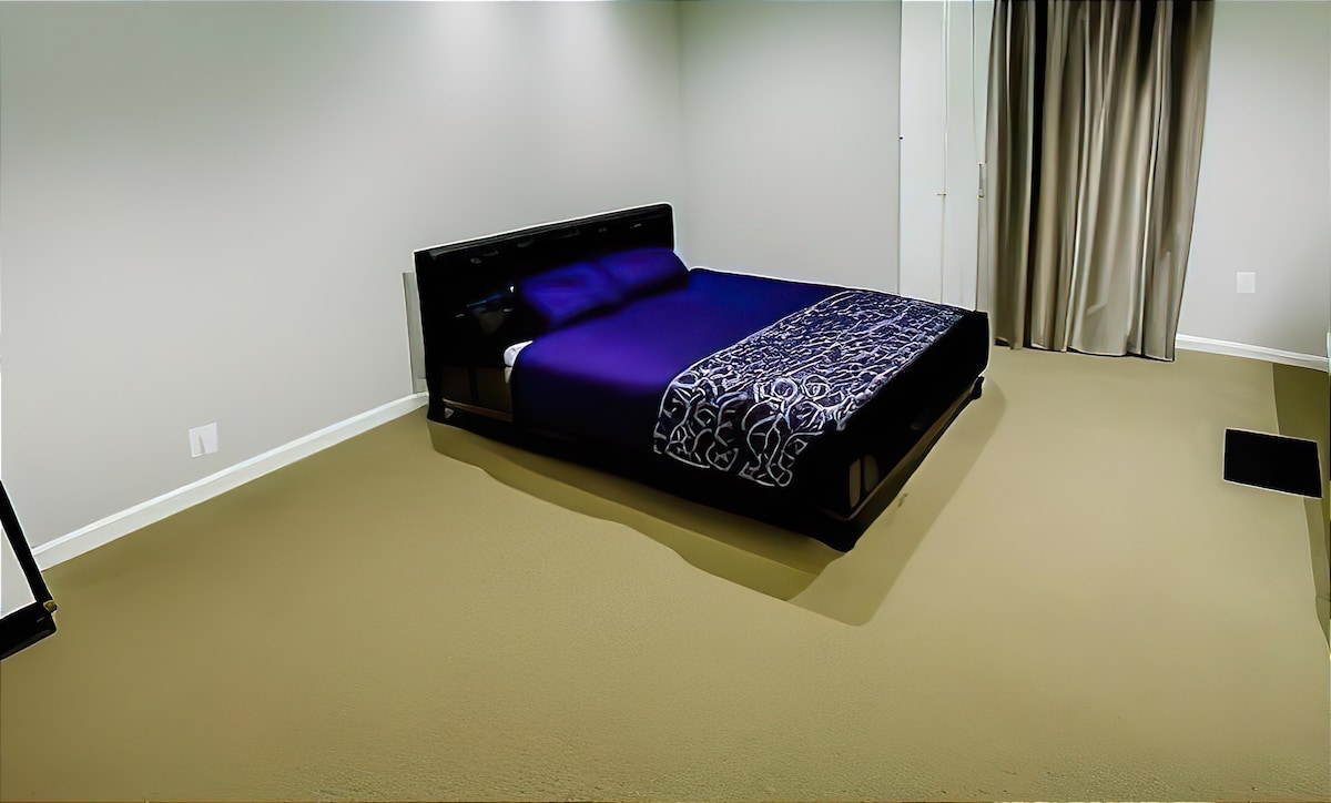 A spacious bedroom is furnished with a sleek black bed featuring a deep purple comforter and decorative throw. The room has light-colored walls and soft beige carpet, complemented by elegant, long curtains on a window. A small rug is positioned near the bed.