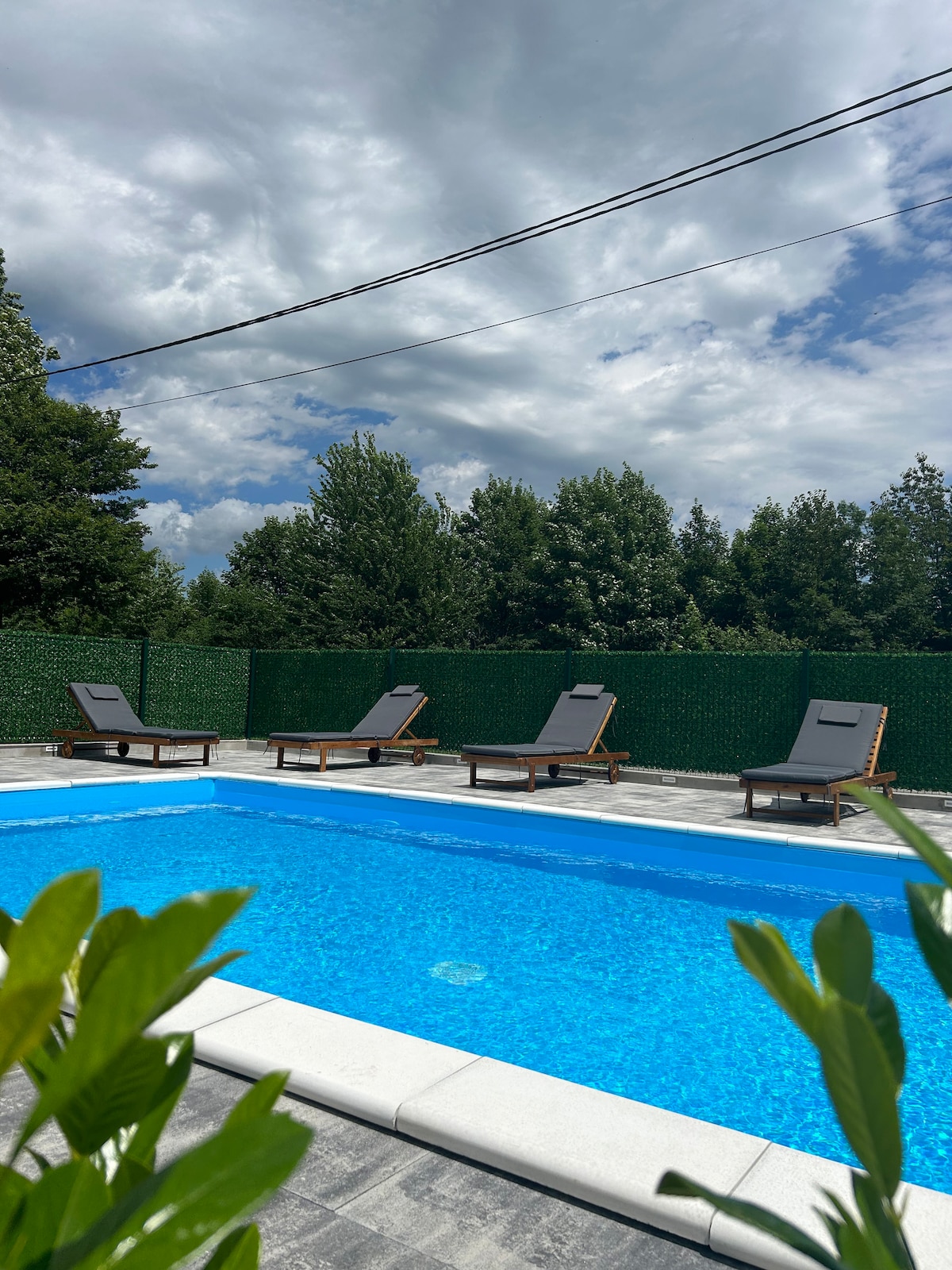 A refreshing pool glistens under partly cloudy skies, surrounded by lush greenery. Several lounge chairs are positioned around the pool area, providing a relaxed space for guests to unwind. A low fence adds privacy to the serene outdoor environment.