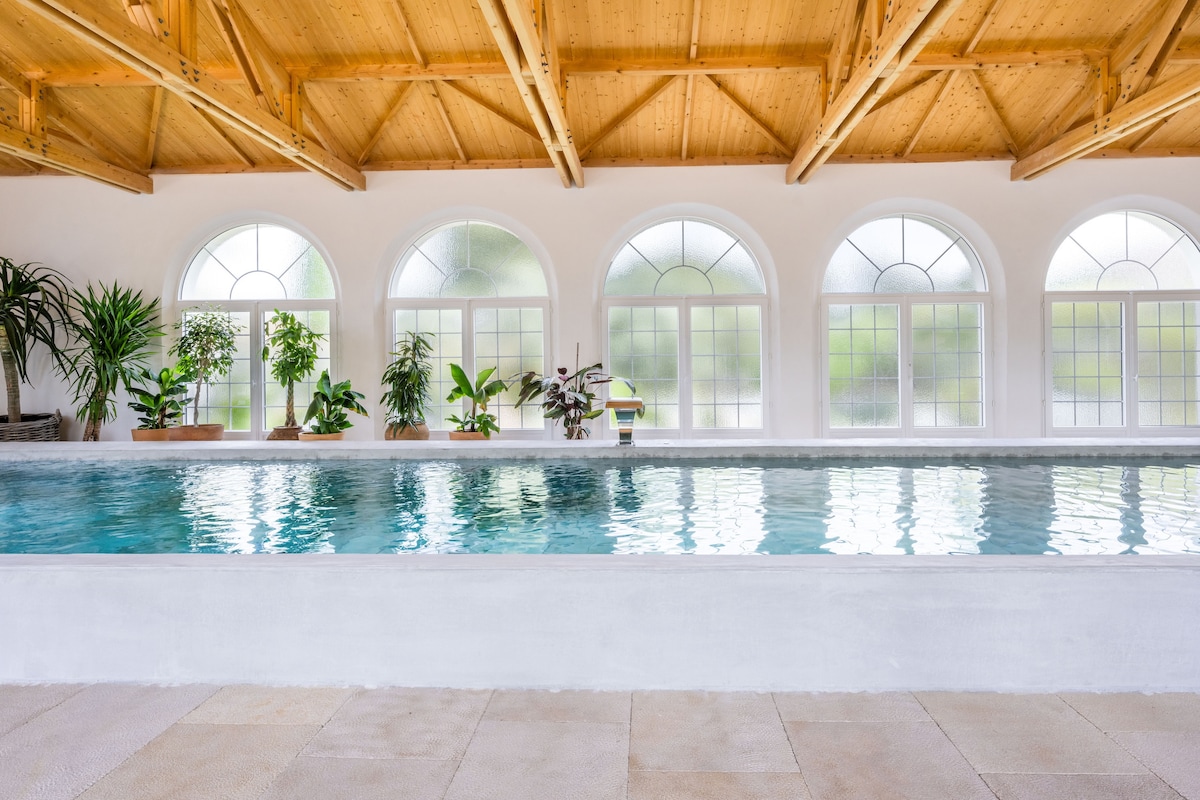 A spacious indoor swimming pool is surrounded by large arched windows that let in natural light. The pool's water reflects the gentle light while potted plants are placed along the perimeter, creating a serene environment with wooden beams adorning the ceiling.