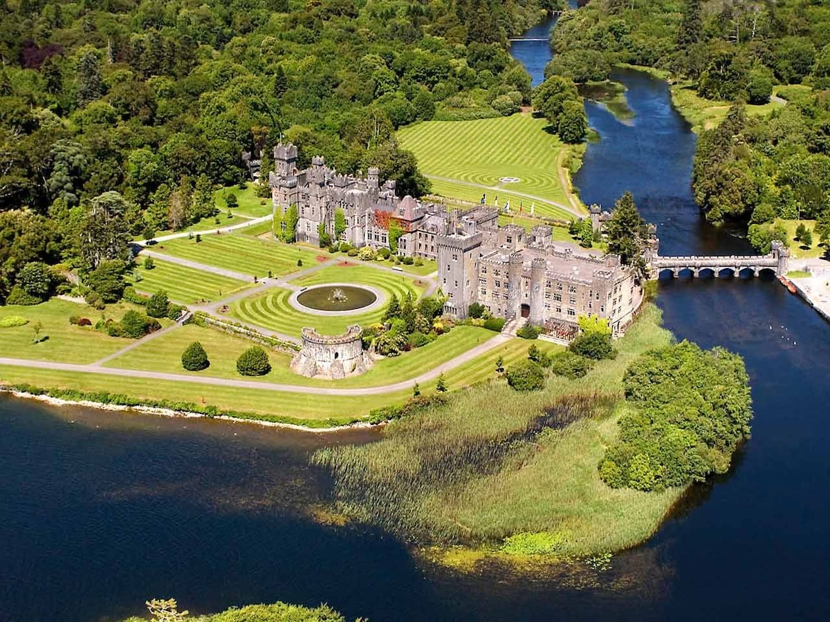 The image captures a sprawling estate bordered by lush greenery and water. The intricate layout of manicured gardens is seen, complemented by a grand castle that stands prominently. Nearby, the river meanders through the landscape, reflecting the vibrant colors of the surroundings.