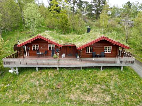 Traditional Norwegian log cabin with sauna