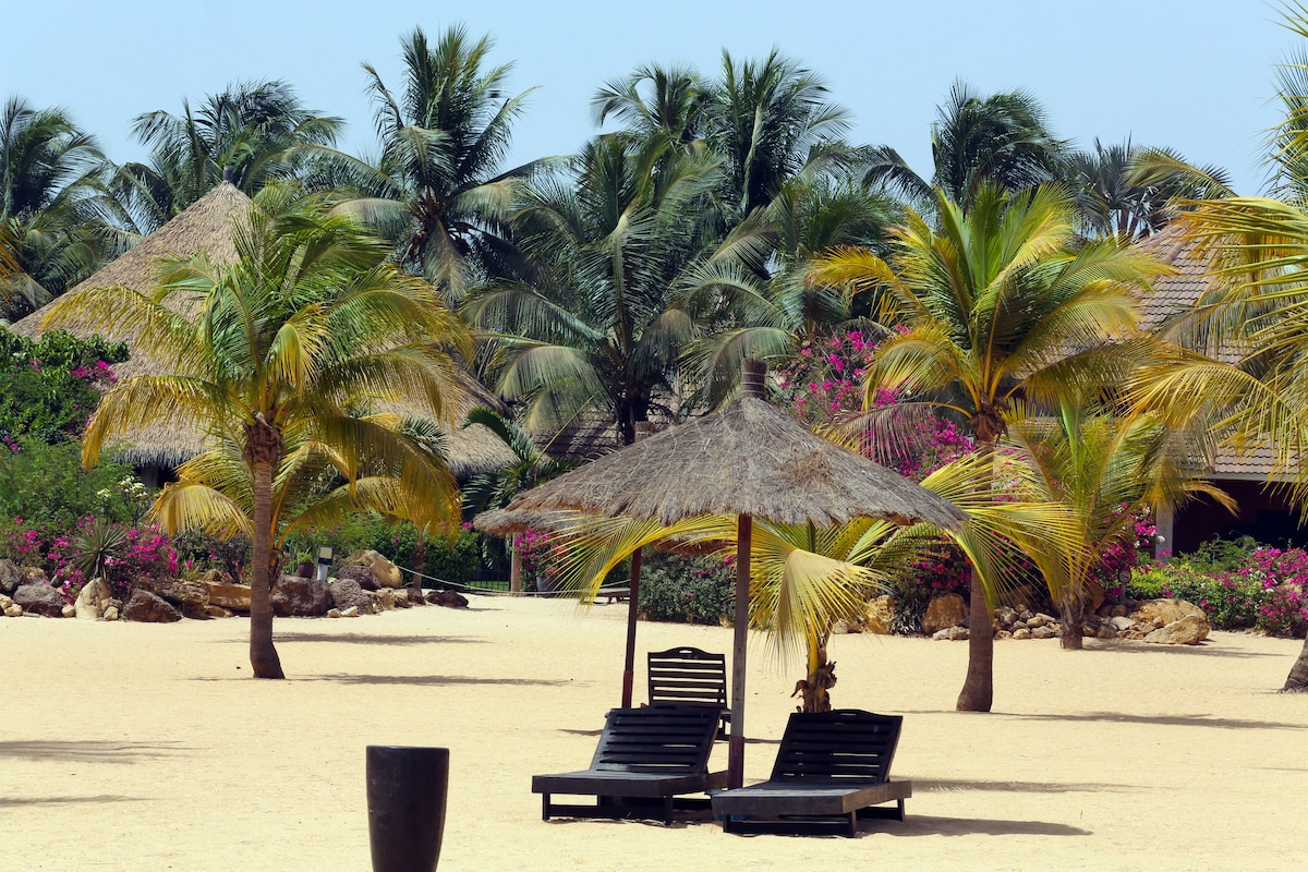 A serene beach scene features two lounge chairs positioned under a straw umbrella, surrounded by soft sandy areas and gently swaying palm trees. Brightly colored flowers add a touch of vibrancy to the landscape, while tropical foliage complements the tranquil atmosphere.