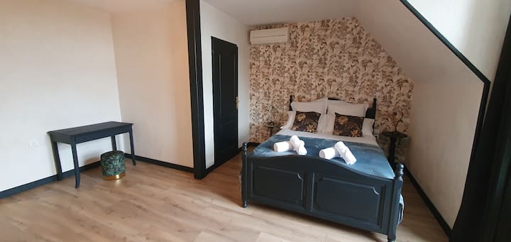 Ოთახი „Papyrus du Nil“ ორადგილიანი საწოლით, სამუშაო მაგიდით და ცალკე აბაზანა-ტუალეტით. 